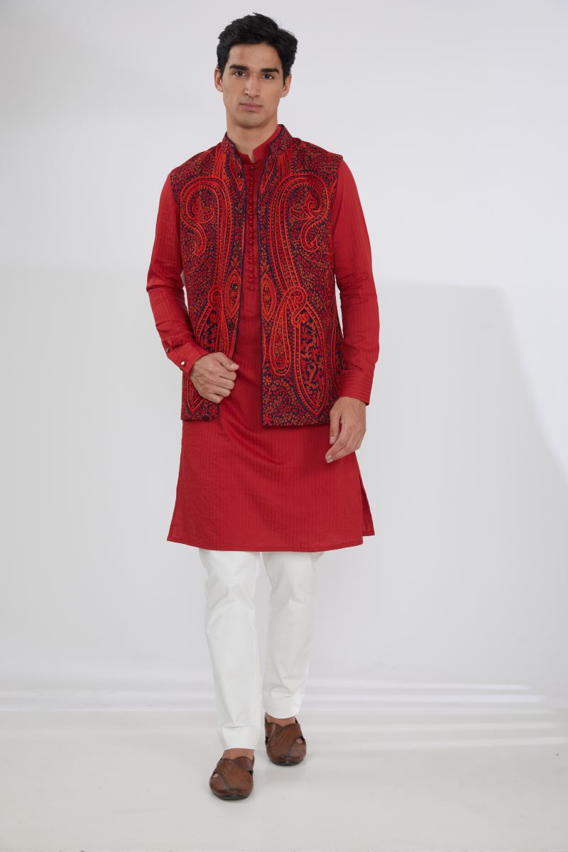 BLUE WITH RED RESHAM BUNDI, SELF COTTON KURTA AND OFFWHITE PANTS