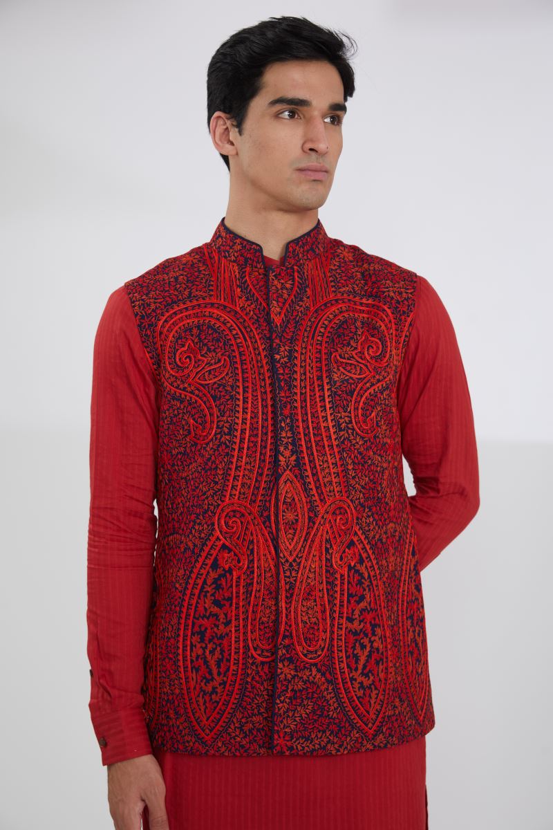 BLUE WITH RED RESHAM BUNDI, SELF COTTON KURTA AND OFFWHITE PANTS