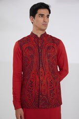 BLUE WITH RED RESHAM BUNDI, SELF COTTON  KURTA AND OFFWHITE PANTS