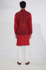 BLUE WITH RED RESHAM BUNDI, SELF COTTON  KURTA AND OFFWHITE PANTS