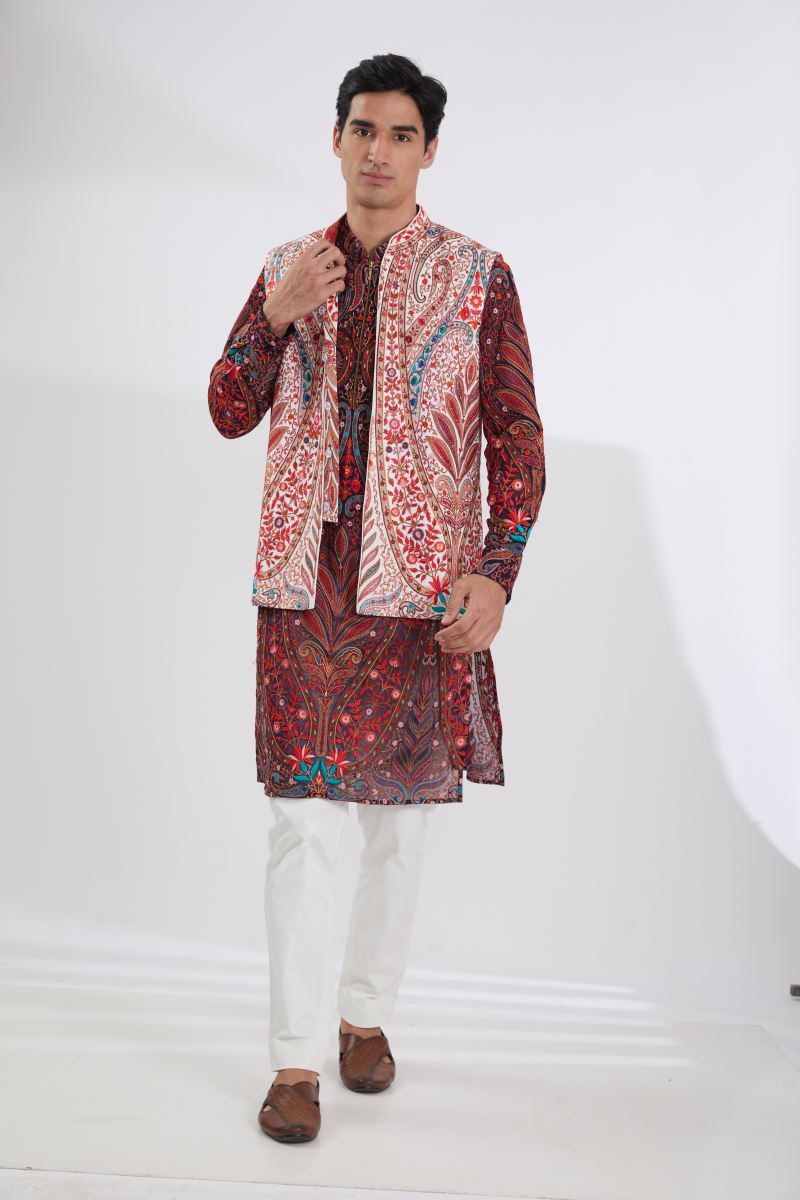 IVORY MULTI RESHAM BUNDI WITH BLACK MULTI RESHAM KURTA AND OFFWHITE PANTS