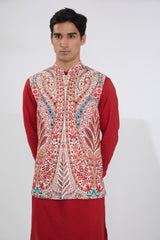 IVORY MULTI RESHAM BUNDI WITH RED SELF COTTON KURTA AND OFFWHITE PANTS