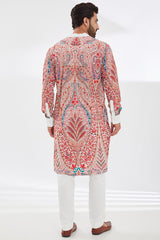 IVORY WITH MULTI COLOR V NECK OPEN RESHAM UNLINED KURTA AND PANT SET