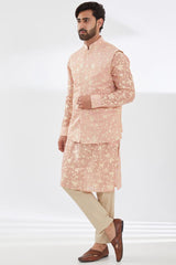 PINK PARSI GARA EMBROIDERED UNLINED SILK KURTA WITH BUNDI AND BEIGE PANTS