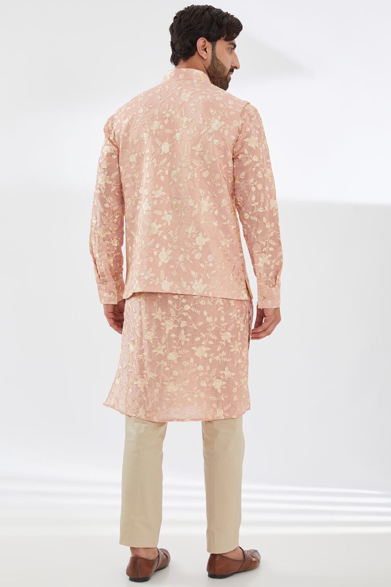PINK PARSI GARA EMBROIDERED UNLINED SILK KURTA WITH BUNDI AND BEIGE PANTS