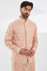 PINK PARSI GARA EMBROIDERED UNLINED SILK KURTA WITH BUNDI AND BEIGE PANTS