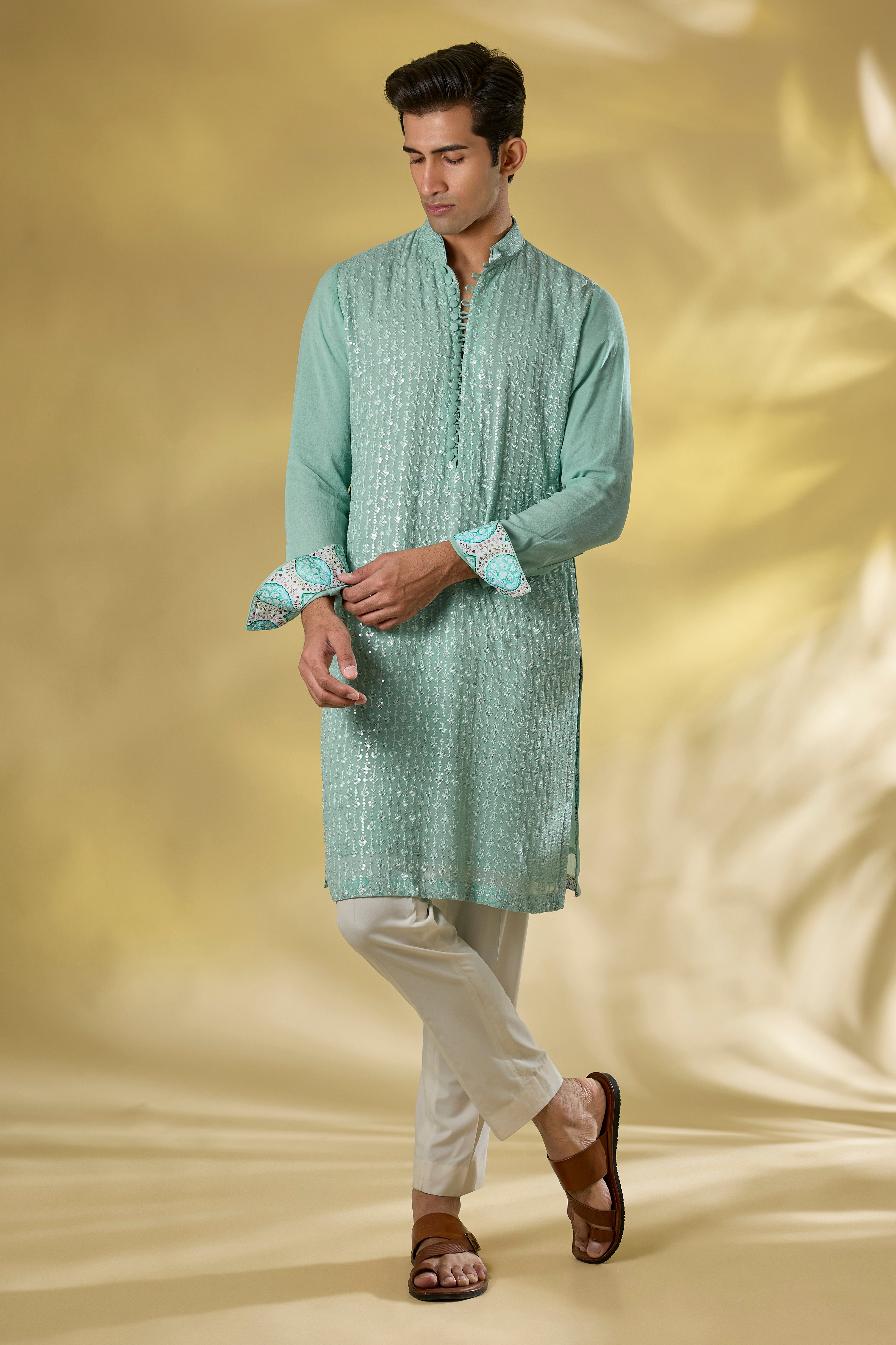 PALE BLUE GORGETTE FRONT EMBO.
