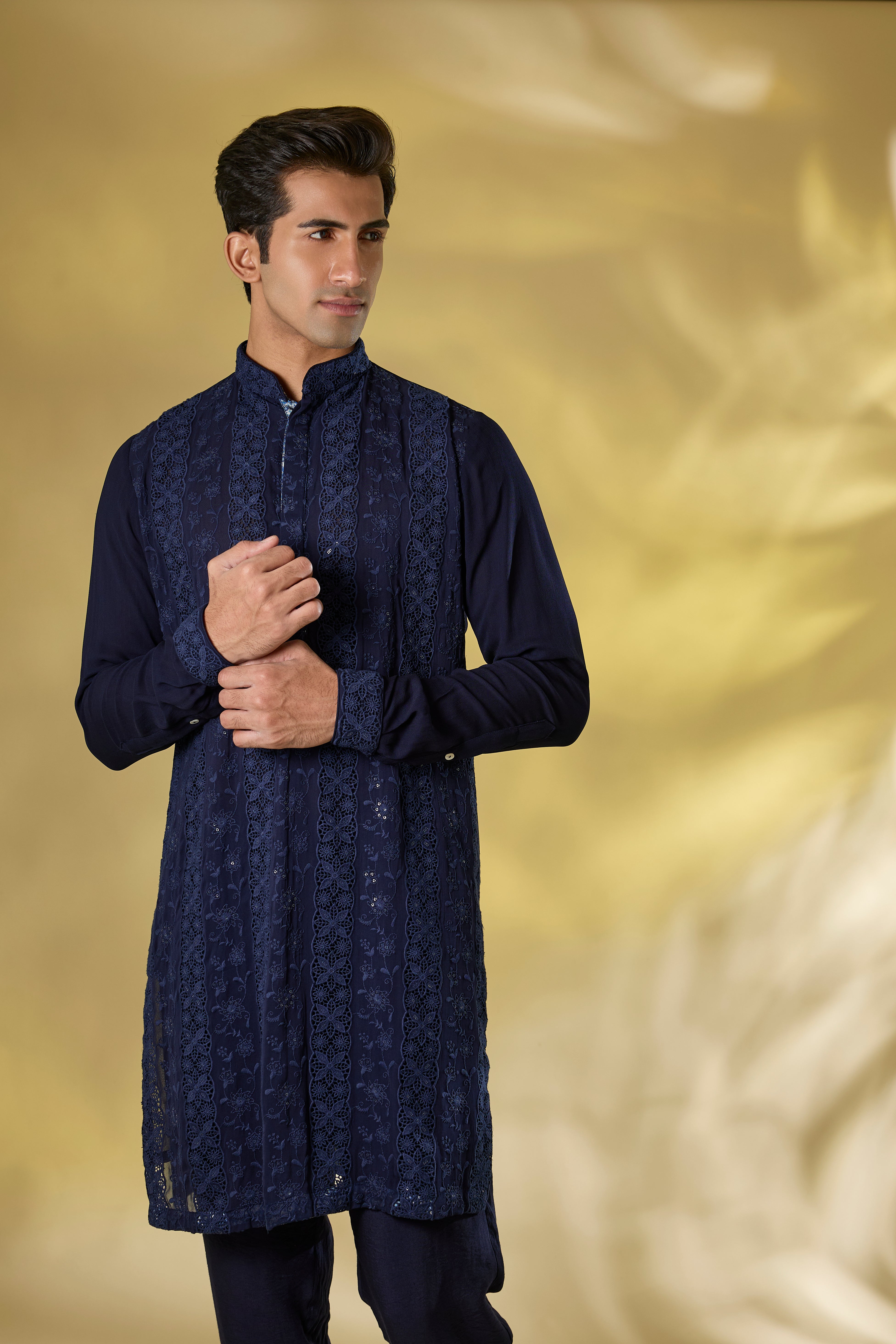 DARK BLUE GORGETTE FRONT EMBO