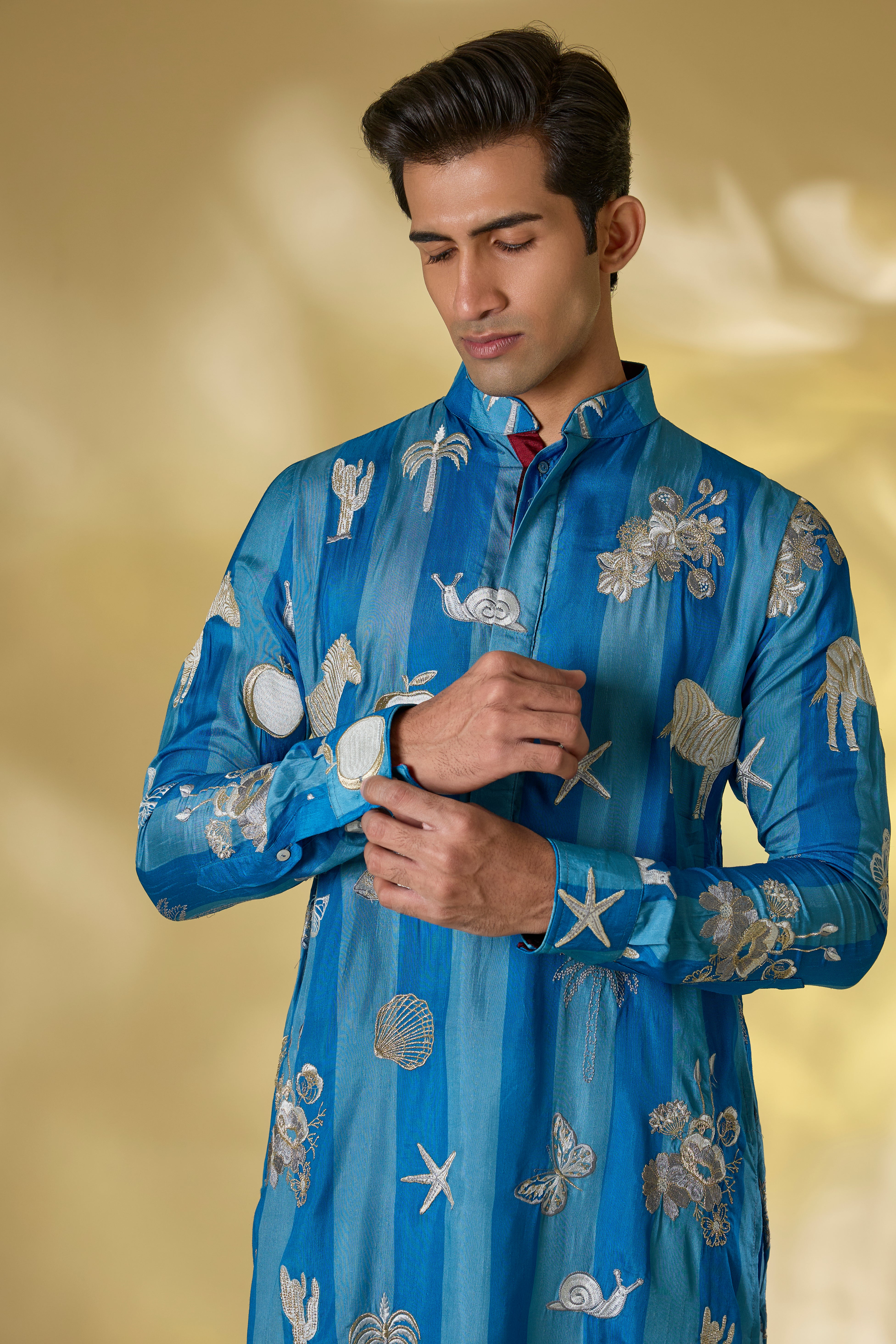 TERQ. BLUE STRIPE SILK THREAD+ZARI