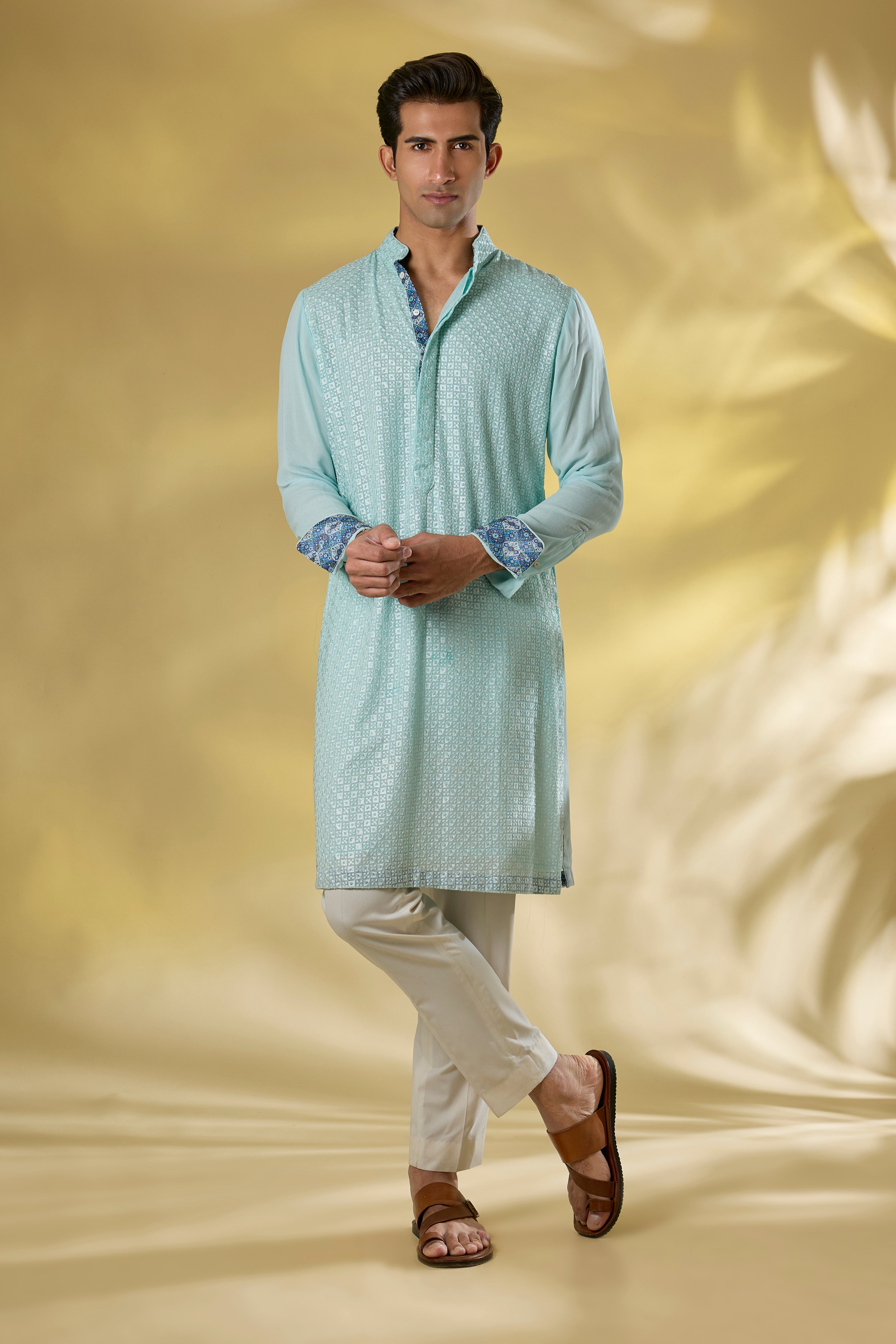 SKY BLUE GORGETTE FRONT EMBO