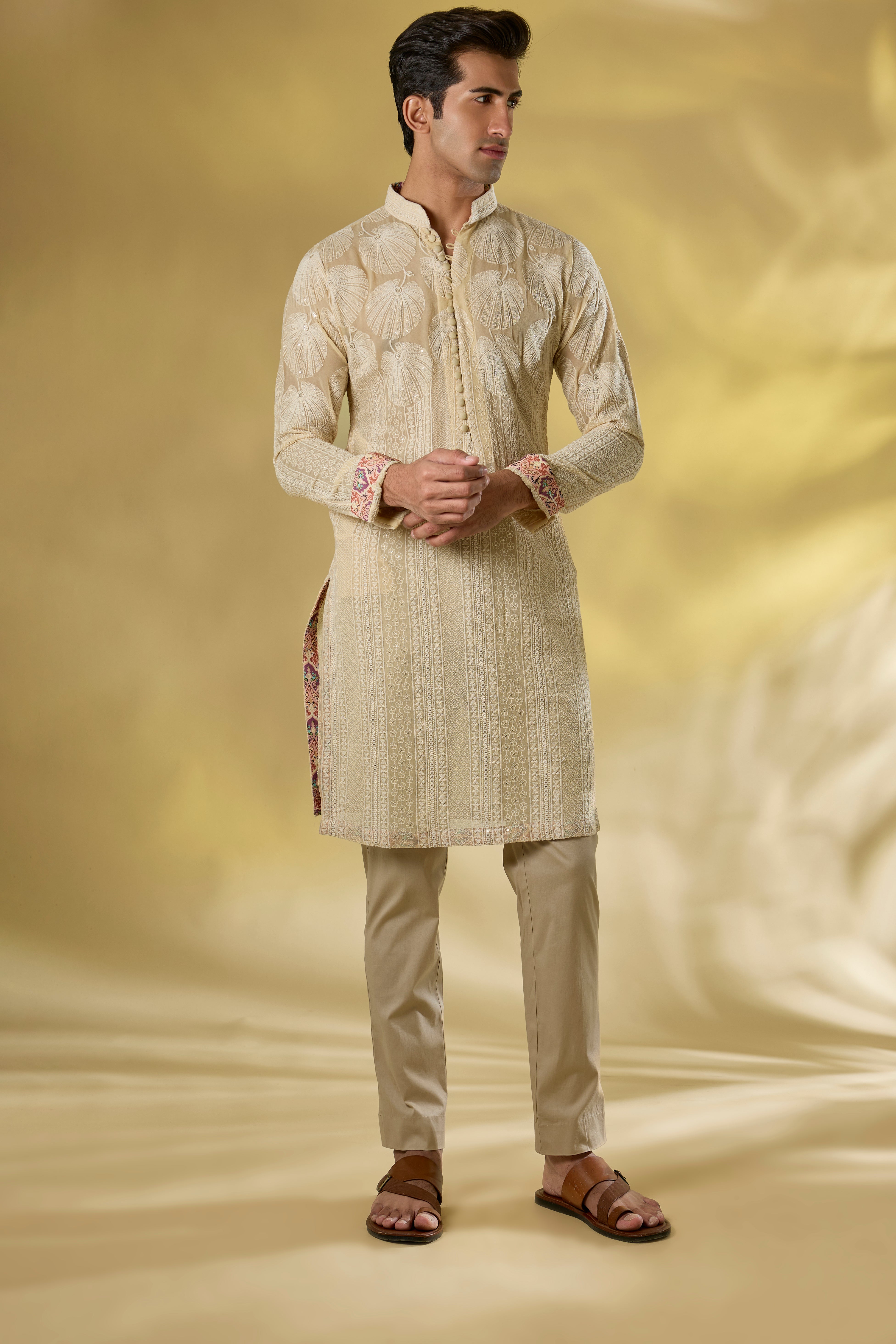 CREAM GORGETTE KURTA W TONAL