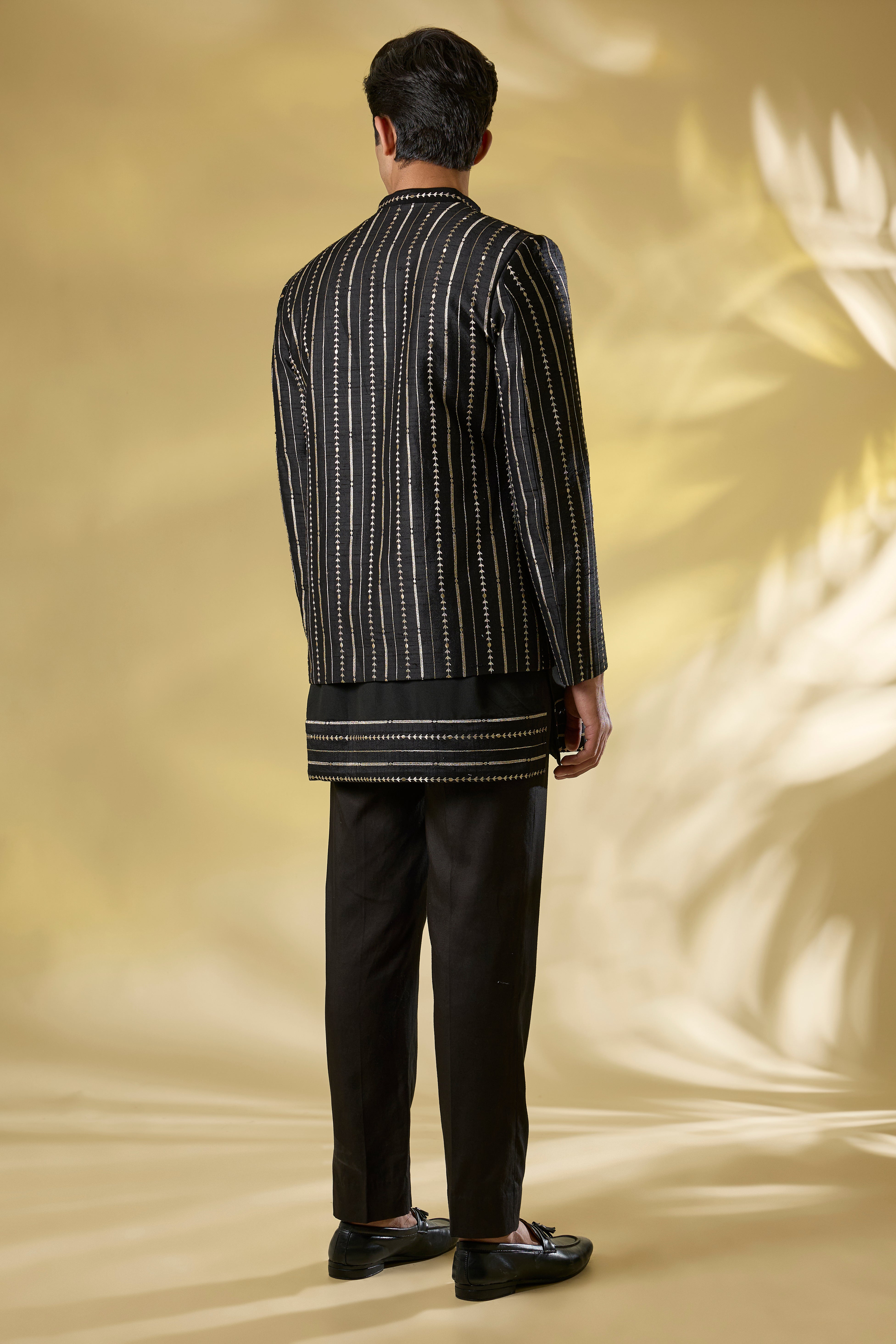 BLACK SILK W GOLD ZARDOZI KURTA and JACKET SET
