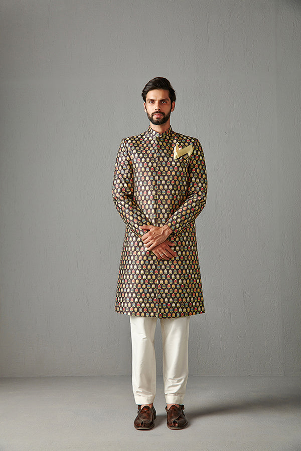 BLACK WITH IVORY TROUSER-SHERWANI