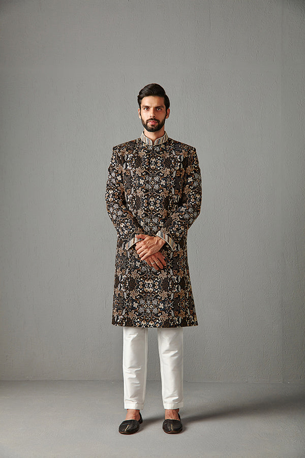 BLACK WITH IVORY TROUSER SHERWANI