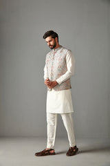 GREY BUNDI WITH IVORY KURTA & TROUSER-KURA BUNDI SET