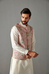 BLUSH PINK  BUNDI WITH IVORY KURTA & TROUSER KURA BUNDI SET
