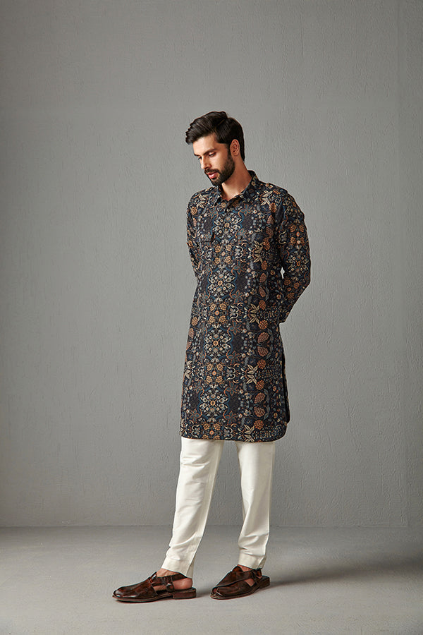 BLACK WITH IVORY TROUSER-PATHAN KURTA