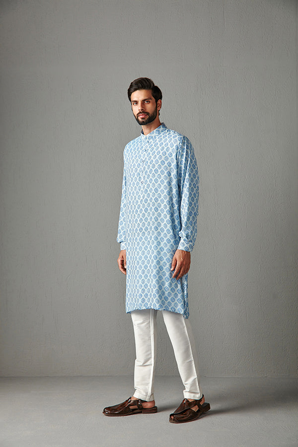 KURTA-AQUA BLUE WITH IVORY TROUSER