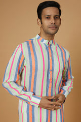IVORY MULTI COLOR LINES COTTON KURTA AND COTTON SILK PANT