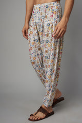 IVORY BLOOM PRINT 1/2 SHEETING 1/2 CREPE PATHAN KURTA W PRINT CREPE SALWAR SET