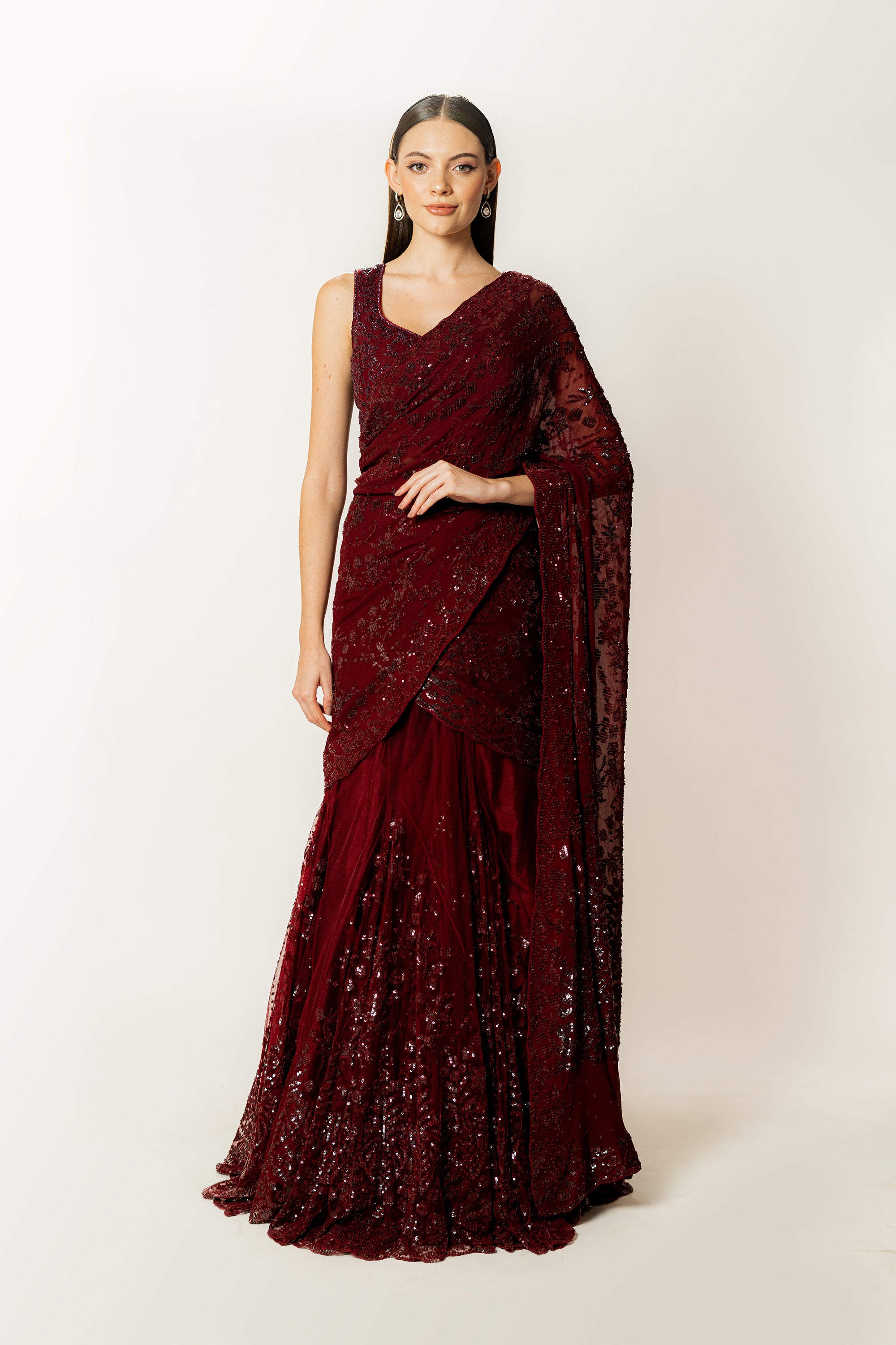 Adha ox blood lehenga sari set