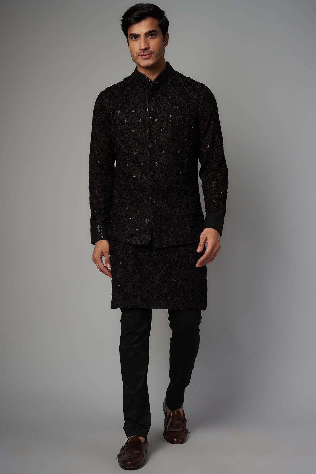 BLACK LEAF GORGETTE CHIKANKARI DESIGN UNLINED W SEQUIN WORK COLLAR, PATTI, CUFF KURTAW BUNDI W BLK PANT