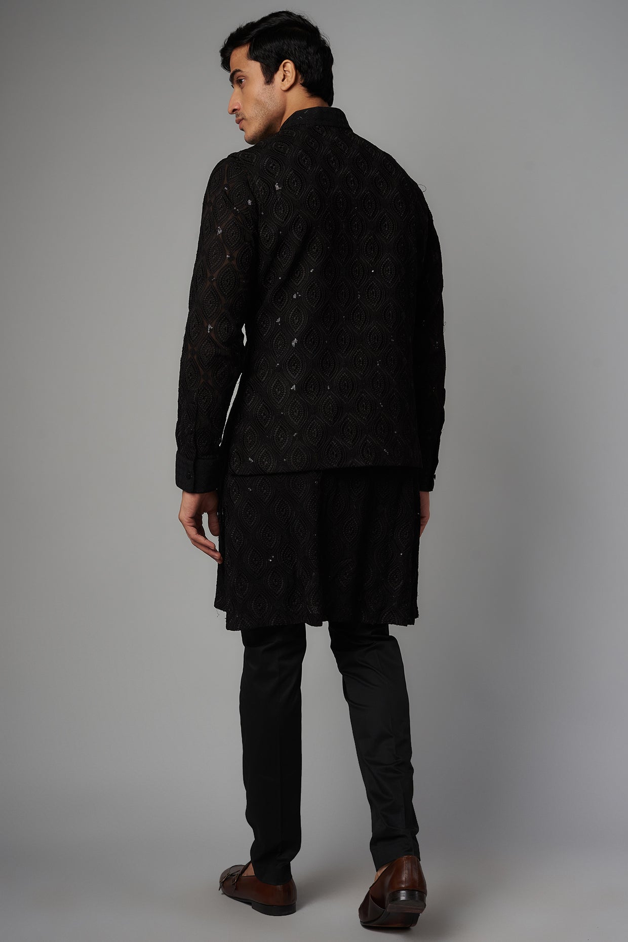 BLACK LEAF GORGETTE CHIKANKARI DESIGN UNLINED W SEQUIN WORK COLLAR, PATTI, CUFF KURTAW BUNDI W BLK PANT