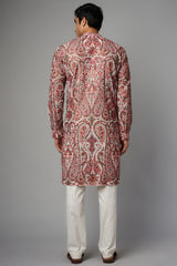 IVORY W RED PAISLEY RESHAM GORGETTE UNLINED KURTA W PANT