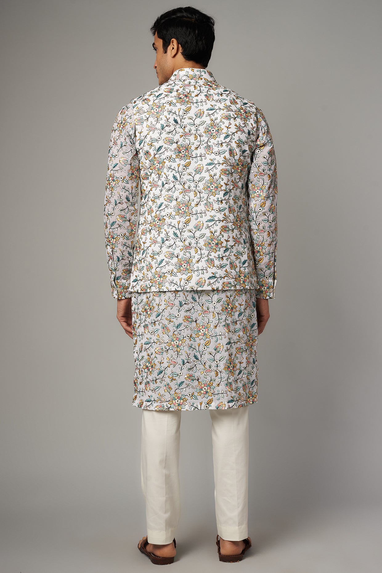 IVORY MULTI RESHAM JAAL UNLINED GORGETTE KURTA /BUNDI /PANT SET