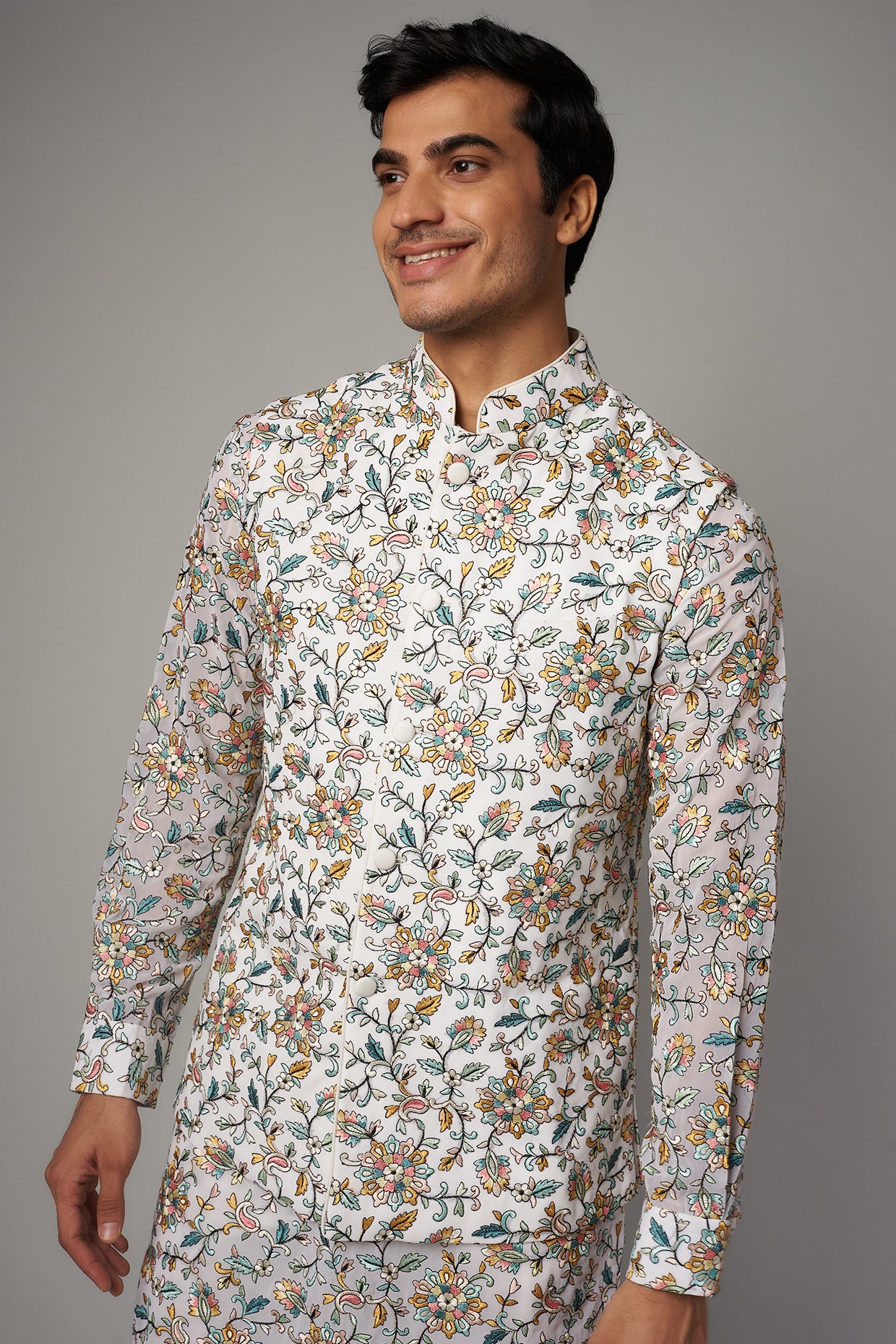 IVORY MULTI RESHAM JAAL UNLINED GORGETTE KURTA /BUNDI /PANT SET