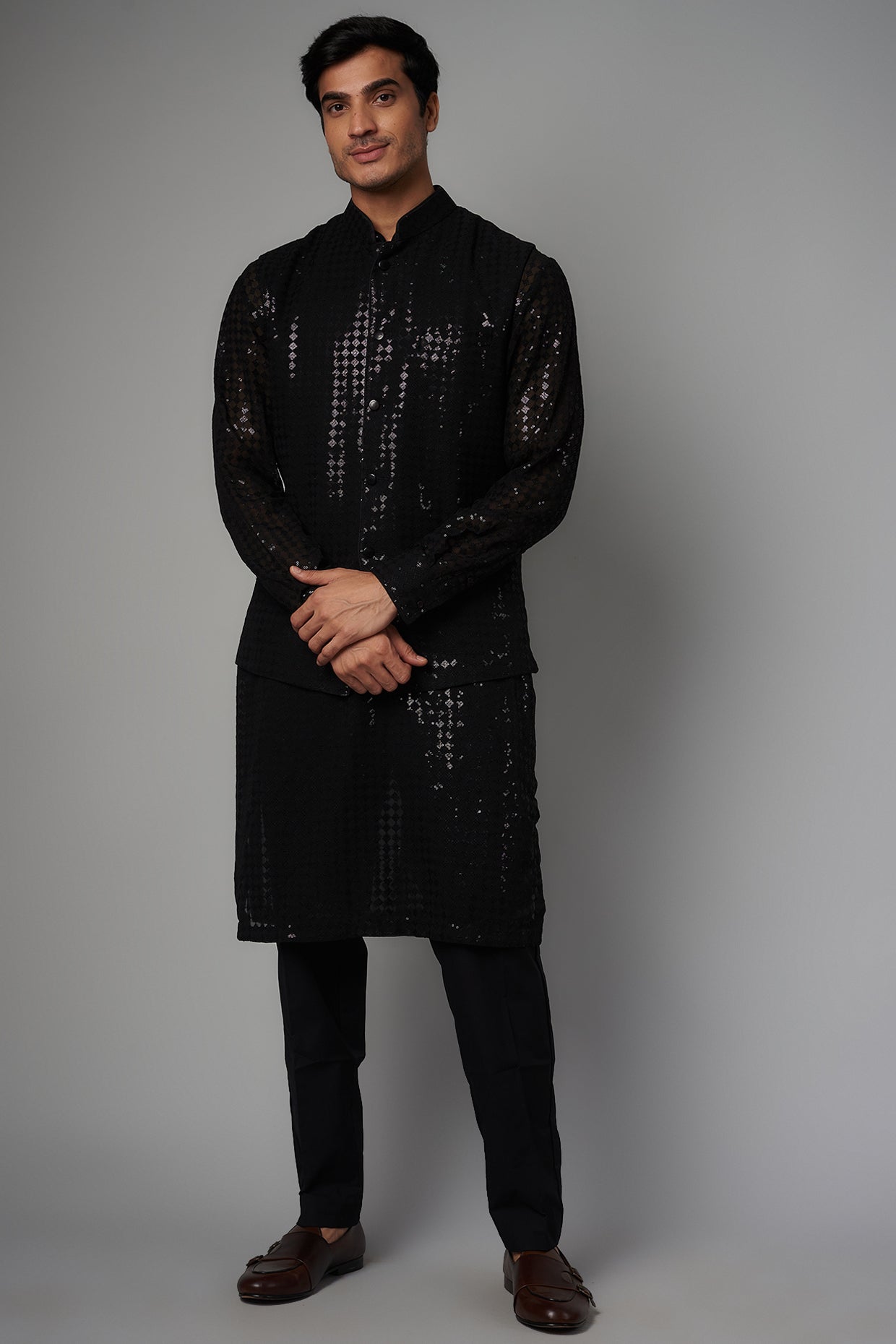 BLACK FULL SEQUIN DIBBI JAAL UNLINED GORGETTE KURTA W PANT