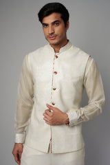 IVORY/YELLOW PRINT TABBY SILK UNLINED KURTA W FULLY SHEETING BUNDI W PANT