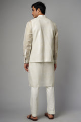 IVORY/YELLOW PRINT TABBY SILK UNLINED KURTA W FULLY SHEETING BUNDI W PANT