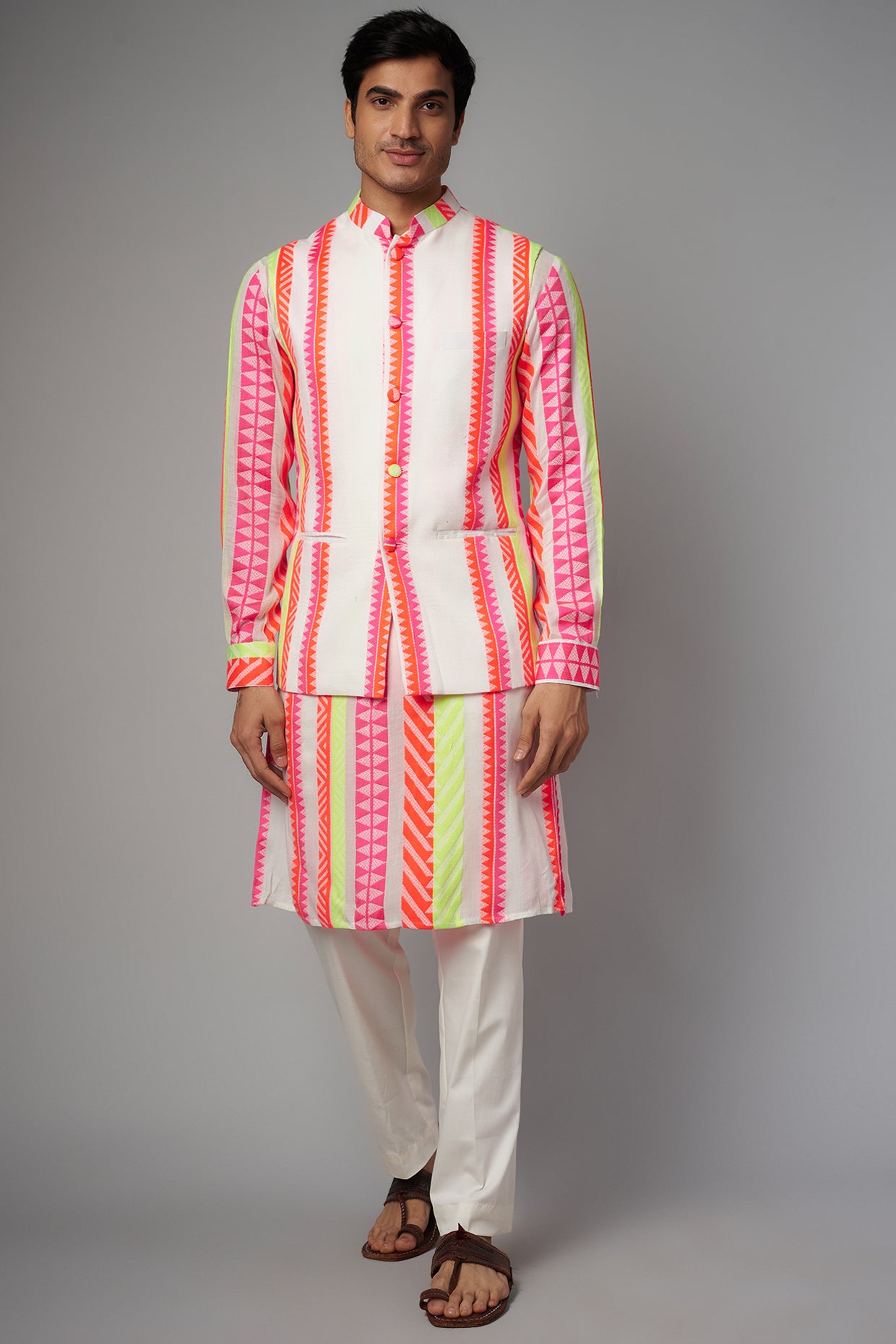 IVORY/RANI STRIPE PRINT COTTON UNLINED KURTA W BUNDI W PANT