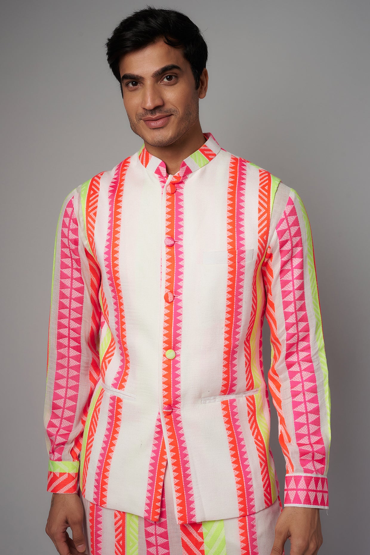 IVORY/RANI STRIPE PRINT COTTON UNLINED KURTA W BUNDI W PANT