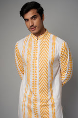 IVORY /YELLOW STRIPE PRINT COTTON UNLINED KURTA W IVORY PANT