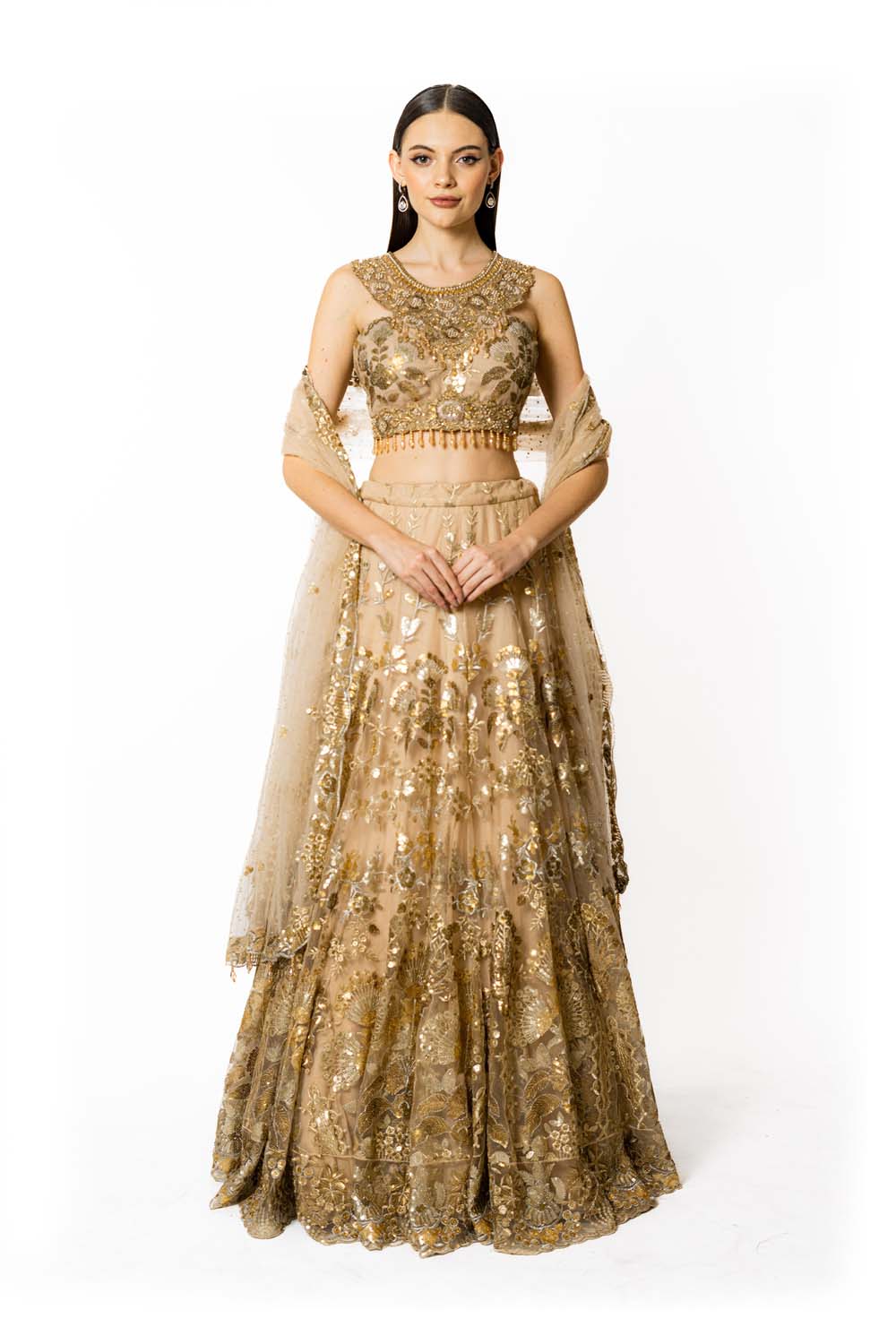 GOLD NET WITH GOLD NADIA LEHENGA SET