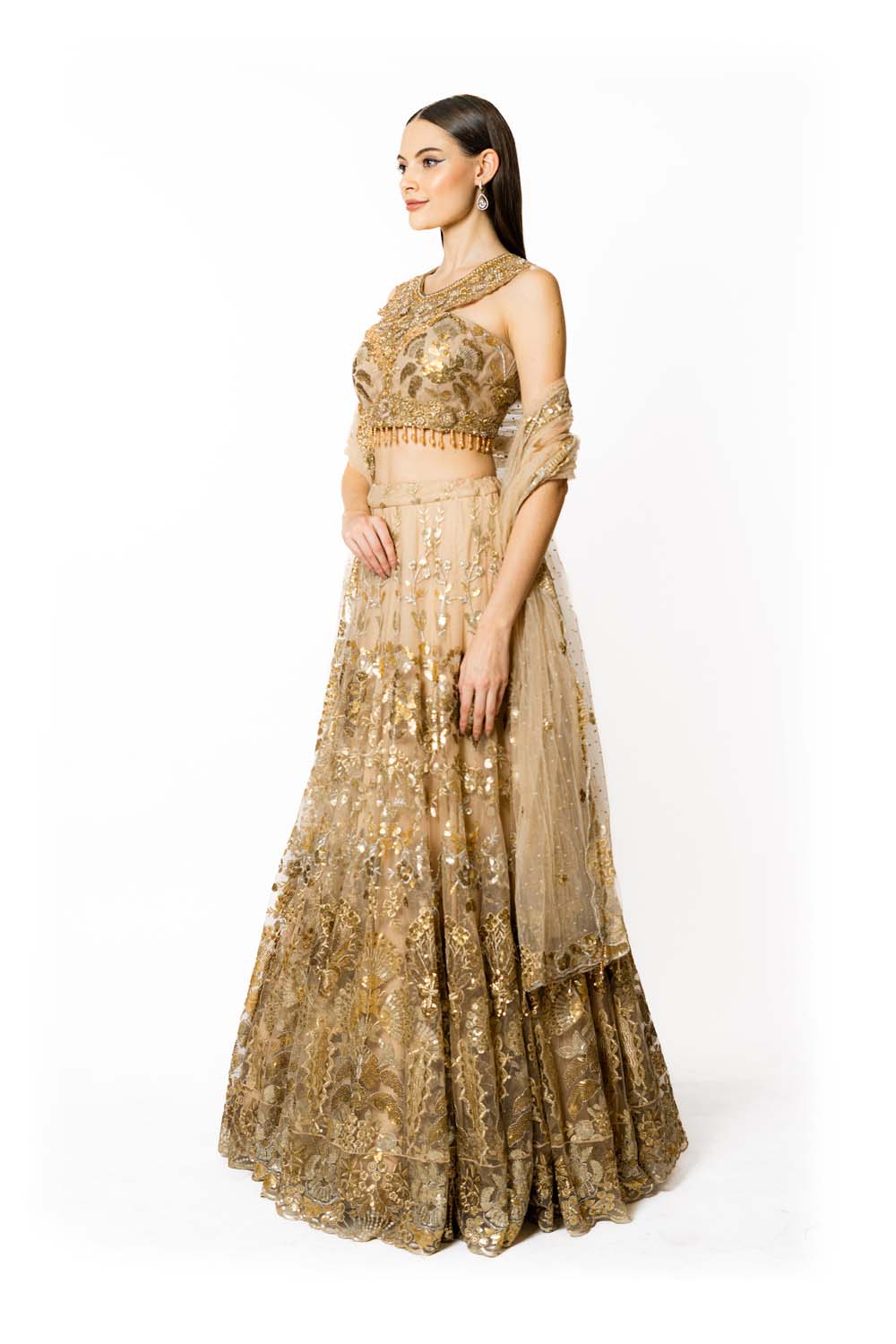 GOLD NET WITH GOLD NADIA LEHENGA SET