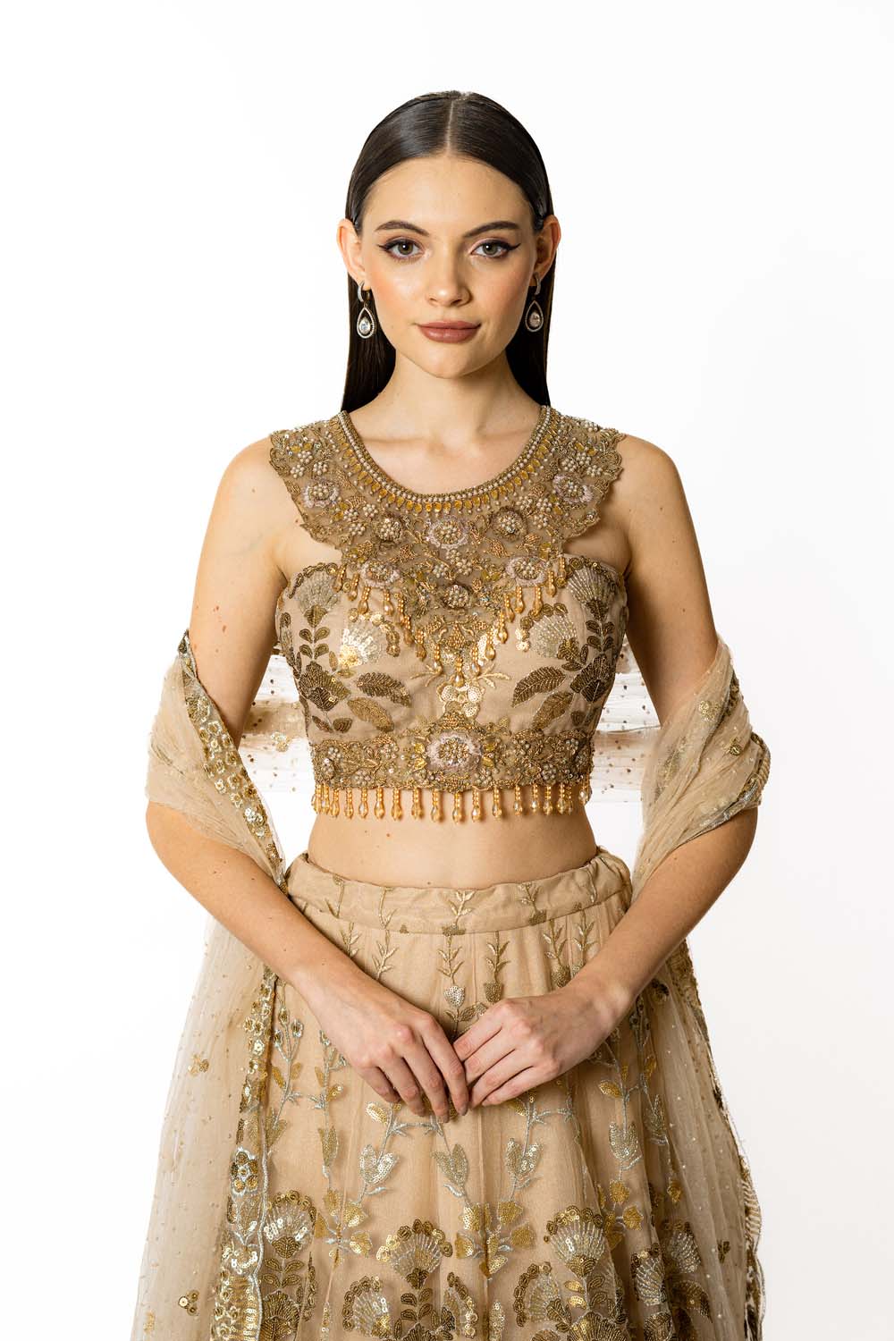 GOLD NET WITH GOLD NADIA LEHENGA SET