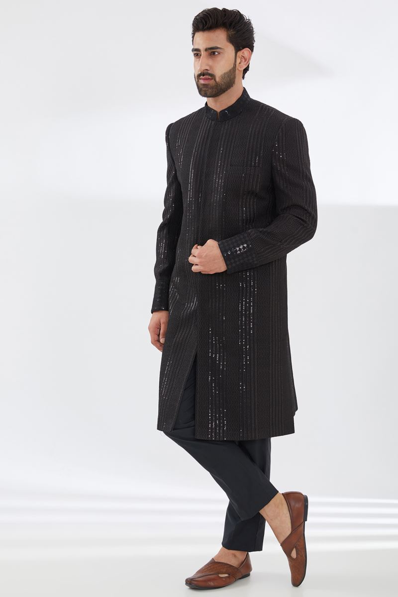 BLACK WAVES LINES SHERWANI WITH BLACK PRINT