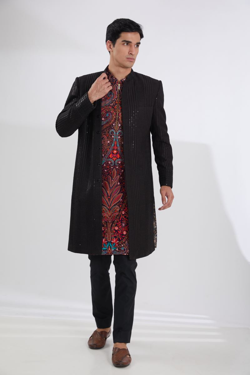 BLACK WAVES LINES SHERWANI WITH MULTI RESHAM JAAL KURTA AND PANTS