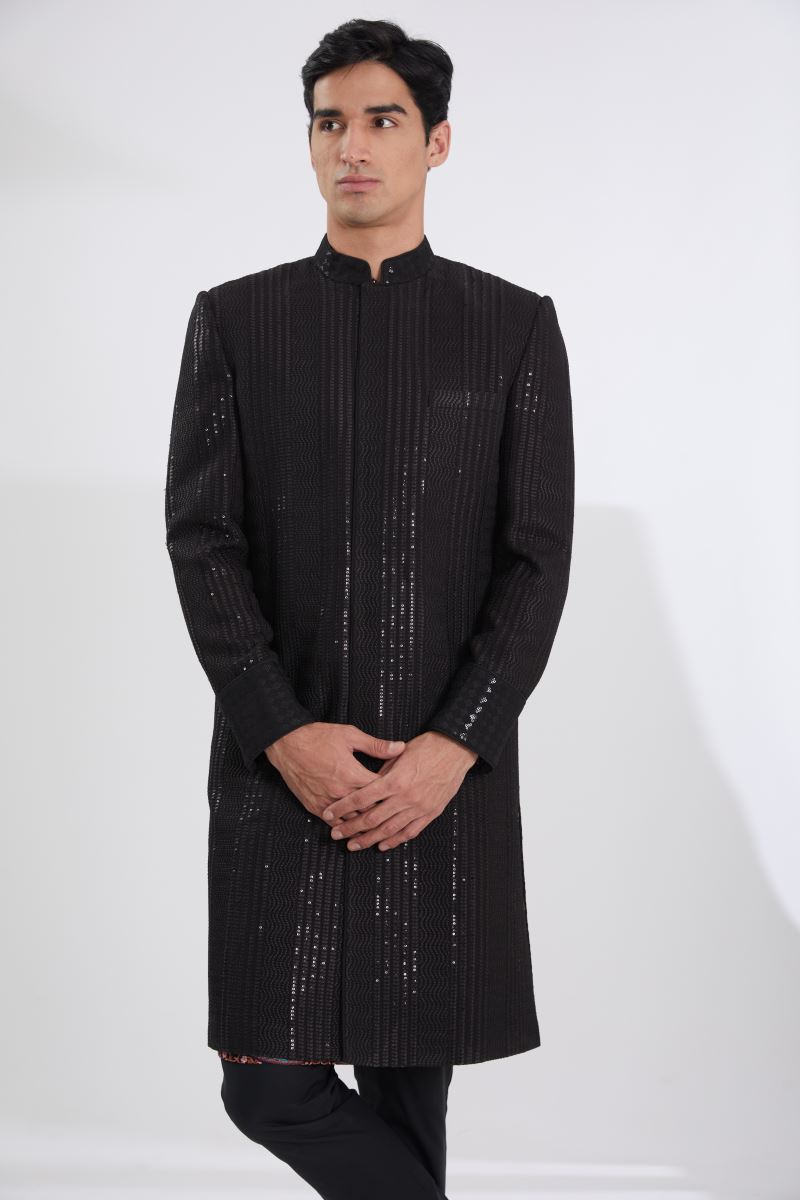 BLACK WAVES LINES SHERWANI WITH MULTI RESHAM JAAL KURTA AND PANTS