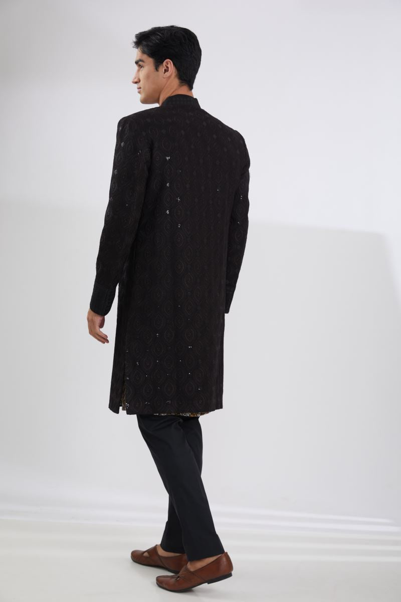 BLACK LEAF JAAL SHERWANI WITH MULTI RESHAM JAAL KURTA AND PANTS