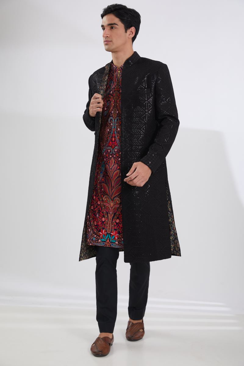 BLACK SEQUINS JAAL SHERWANI WITH MULTI RESHAM JAAL KURTA AND PANTS