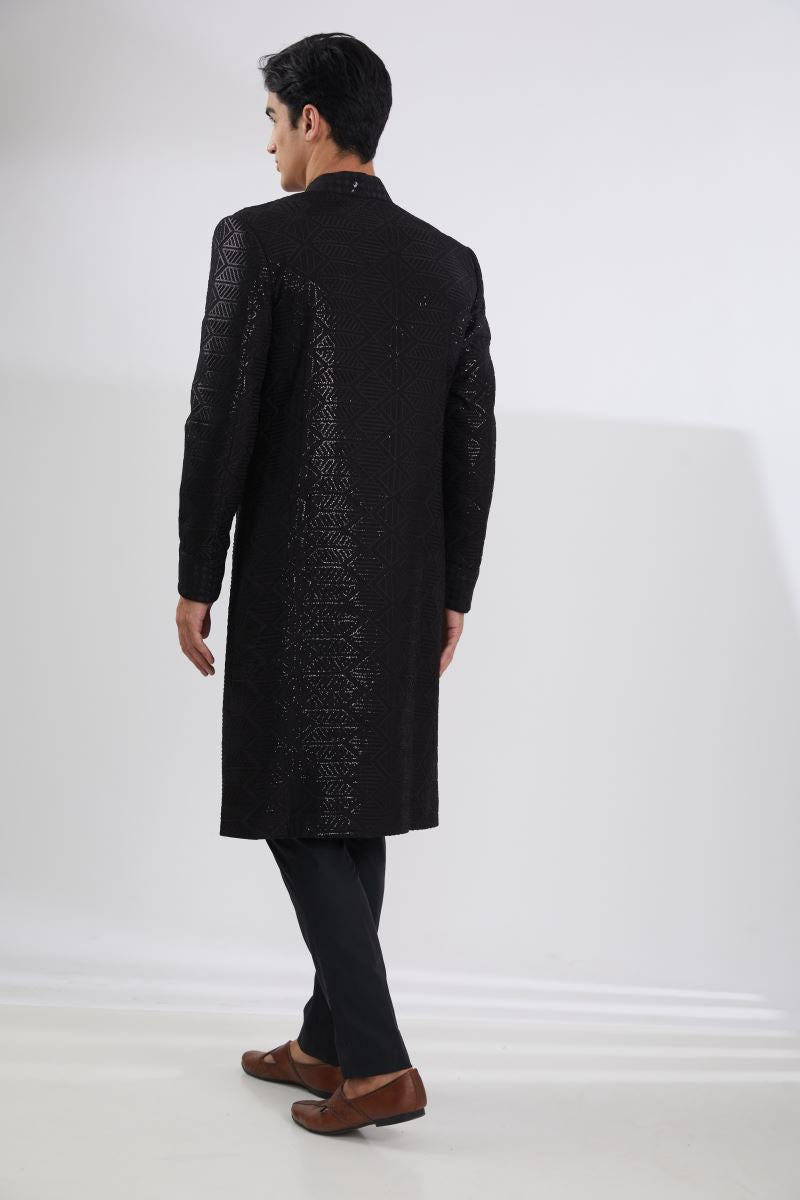 BLACK SEQUINS JAAL SHERWANI WITH MULTI RESHAM JAAL KURTA AND PANTS
