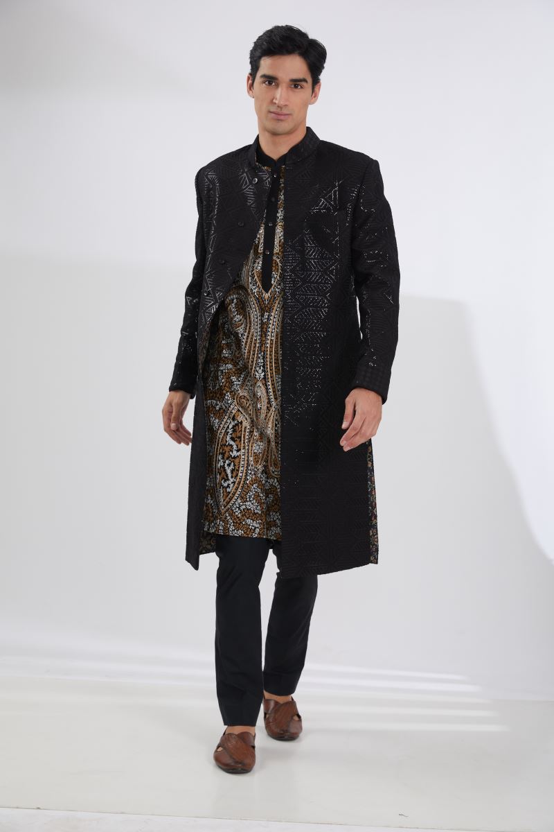 BLACK SEQUINS JAAL SHERWANI WITH MULTI RESHAM JAAL KURTA AND PANTS