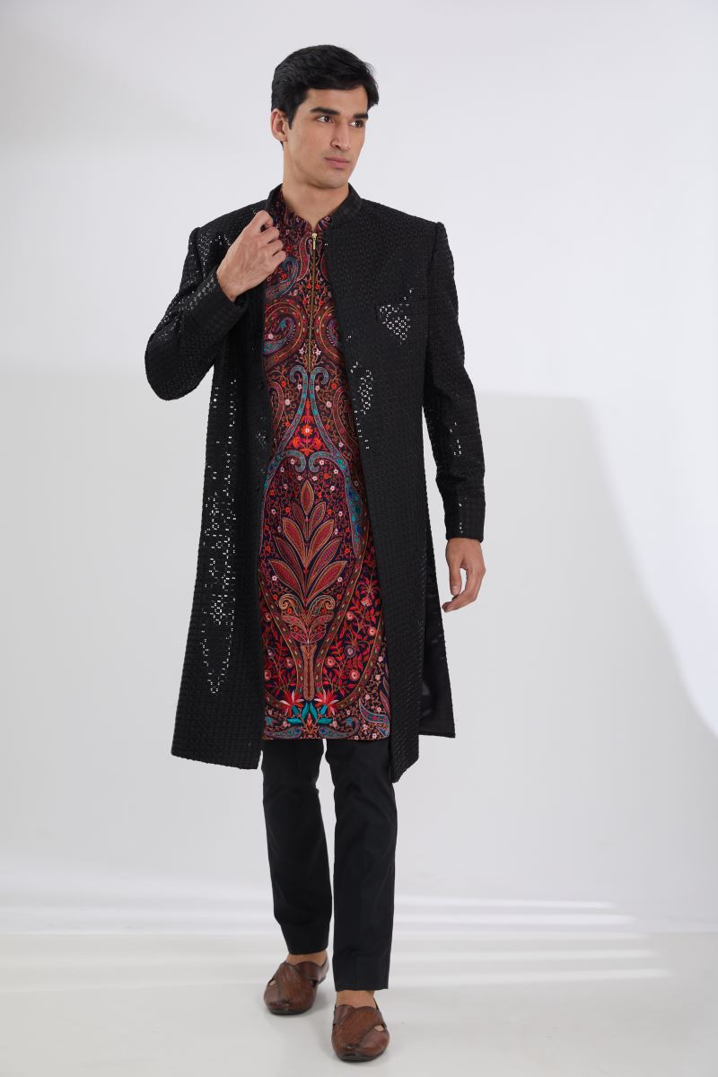 BLACK FULL JAAL SHERWANI WITH MULTI RESHAM JAAL KURTA AND PANTS
