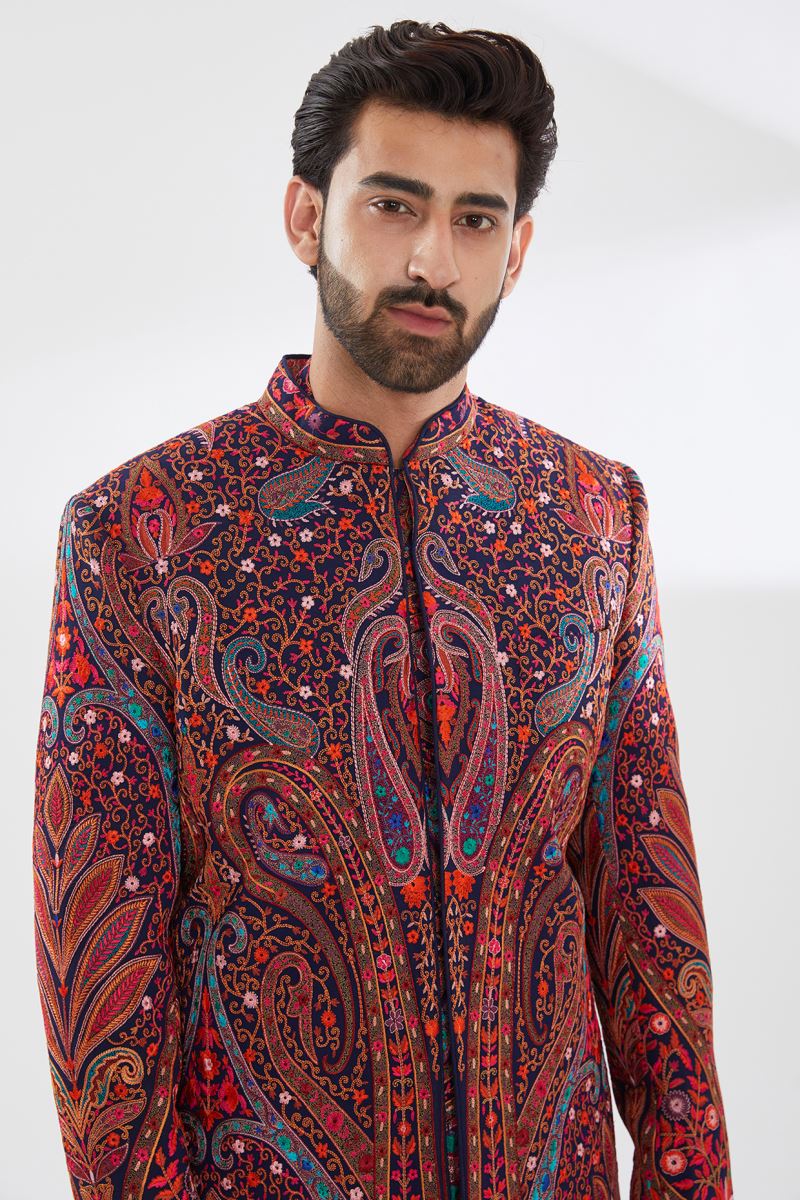 BLUE WITH MULTI COLOR RESHAM SHERWANI SET