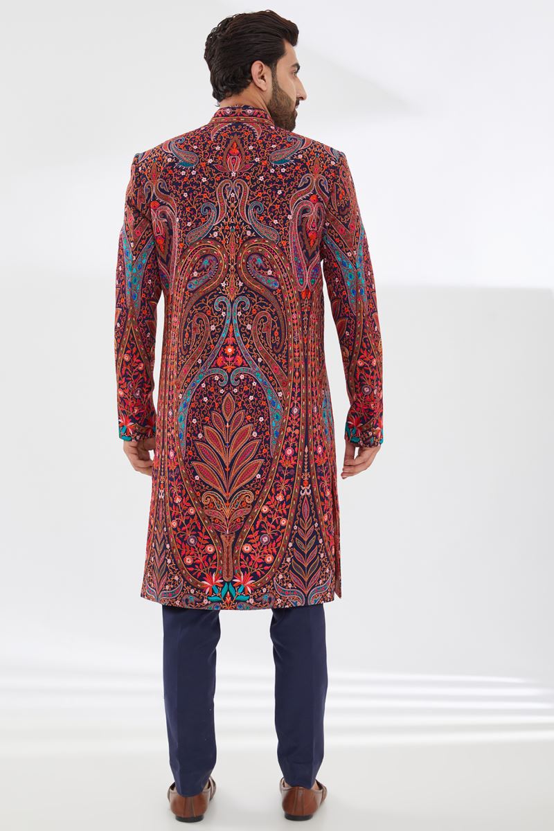 BLUE WITH MULTI COLOR RESHAM SHERWANI SET
