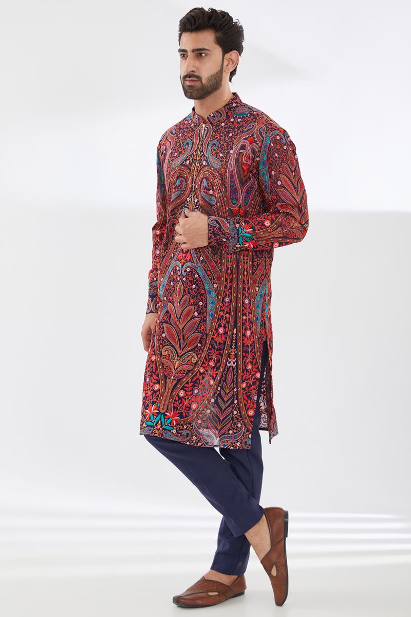 BLUE WITH MULTI COLOR RESHAM SHERWANI SET